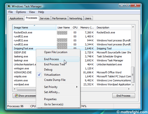 Killing the process via Task Manager allows you to avoid rebooting. End the "SnippingTool.exe" process using Task Manager