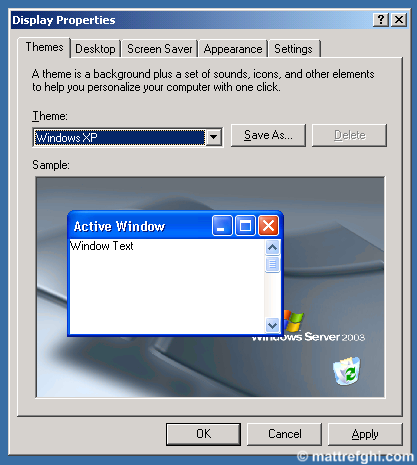 A screenshot of the Themes tab of the Display Settings dialog, with the Windows XP theme selected. A screenshot of the Themes tab of the Display Settings dialog, with the Windows XP theme selected.
