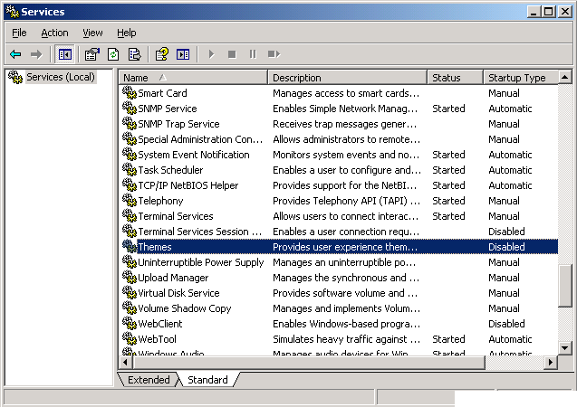 Screenshot of the Services dialog, with the Themes service selected. Screenshot of the Services dialog, with the Themes service selected.