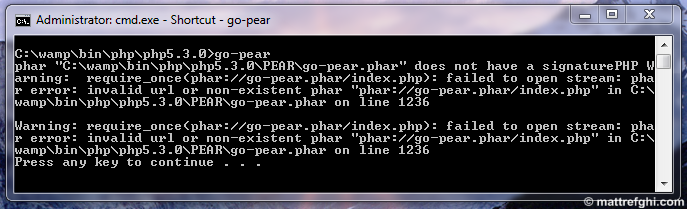 phar "C:wampbinphpphp5.3.0PEARgo-pear.phar" does not have a signature phar "C:wampbinphpphp5.3.0PEARgo-pear.phar" does not have a signaturePHP W arning: require_once(phar://go-pear.phar/index.php): failed to open stream: pha r error: invalid url or non-existent phar "phar://go-pear.phar/index.php" in C: wampbinphpphp5.3.0PEARgo-pear.phar on line 1236