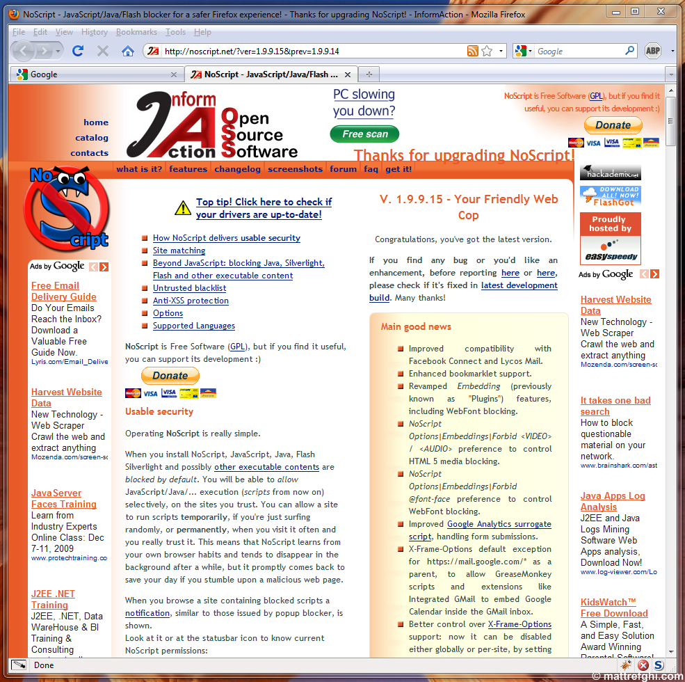 The NoScript homepage - content aggressively mixed with advertising, affiliation links, and donation buttons. The NoScript homepage - content aggressively mixed with advertising, affiliation links, and donation buttons.