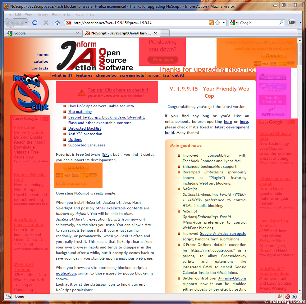 The NoScript homepage with the advertising, donation controls, and affiliation links highlighted. The NoScript homepage with the advertising, donation controls, and affiliation links highlighted.