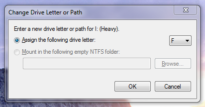 The "Change Drive Letter or Path" dialog The "Change Drive Letter or Path" dialog