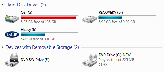My drives. Notice how "F" is actually free? A view of my connected drives, as seen through "My Computer".