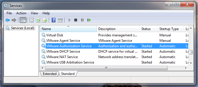 The VMware Authorization service is clearly marked as "Started". The VMware Authorization service is clearly marked as "Started" in the Services screen.