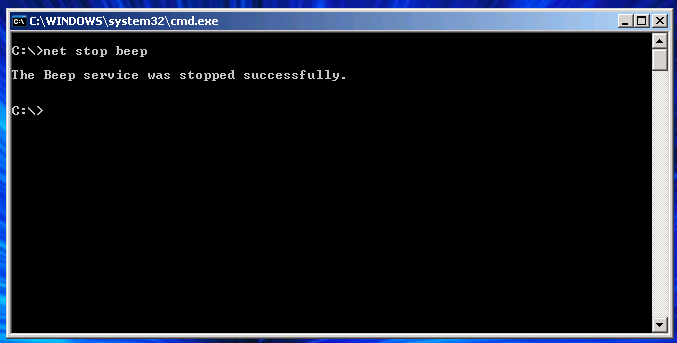 Typing "net stop beep" in the console will temporarily disable the system beep feature. Typing "net stop beep" in the console will temporarily disable the system beep feature.