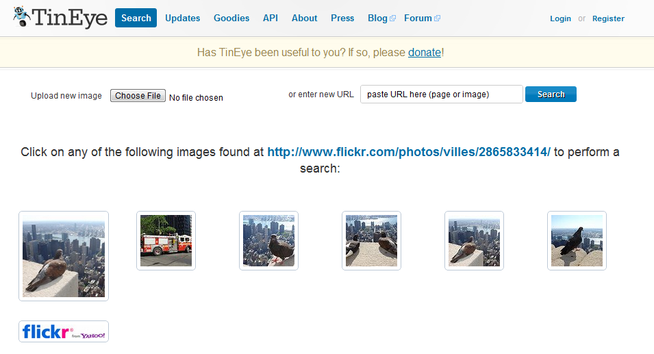 TinEye even accepts page URLs, no need to provide a direct link to the image.