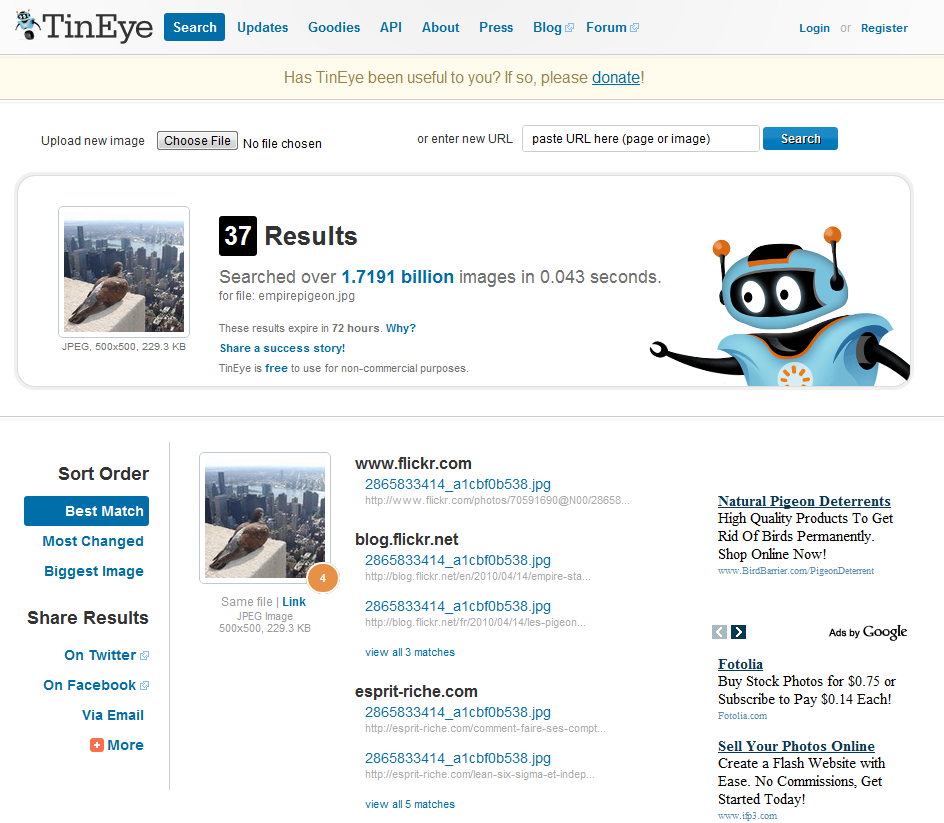 TinEye allows you to either upload an image, or provide a link. In this case, I uploaded the image. Search results when searching with the above image.