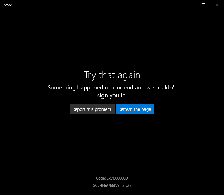 Windows Store dialog with message "Try that again - Something happened on our end and we couldn't sign you in." Further down, an error code is visible: "Code: 0xD000000D".